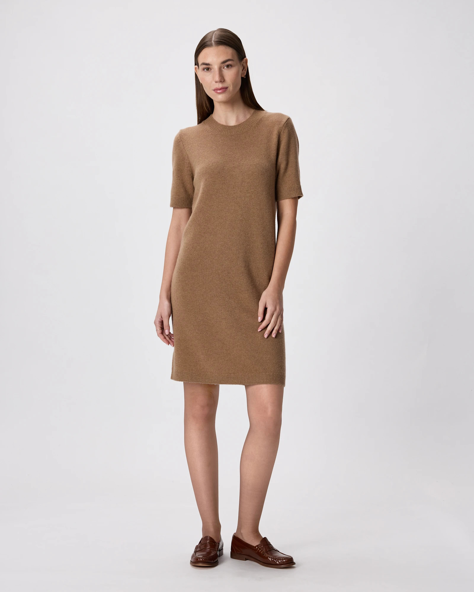 Quince | Women's Mongolian Cashmere Short Sleeve Mini Dress in Brown, Size XS | Quince