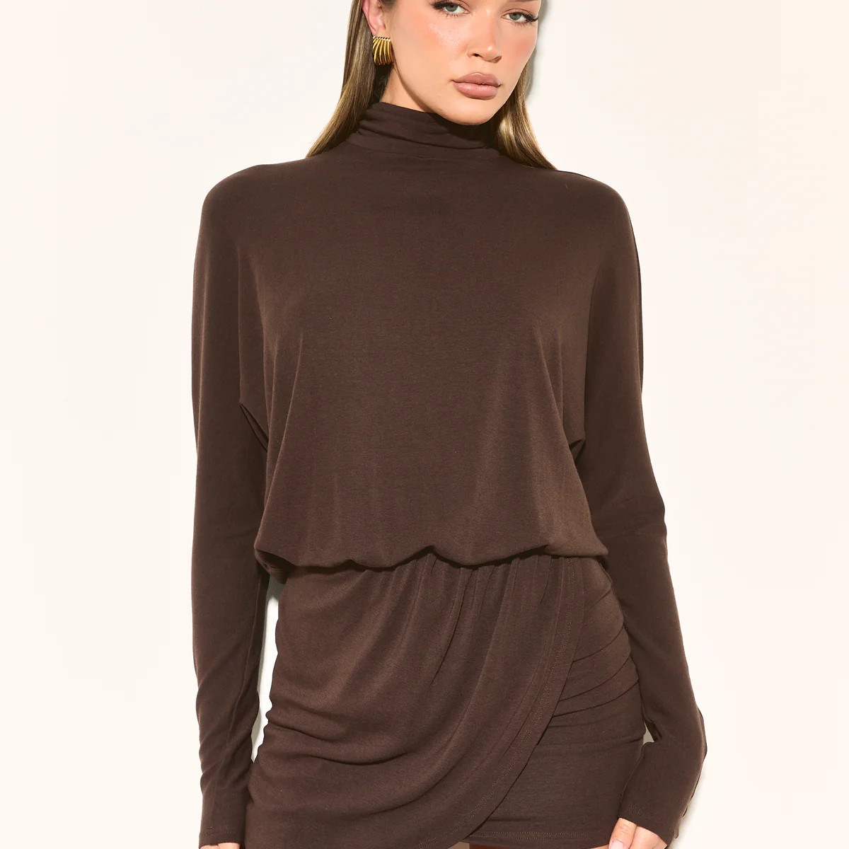 LUISA Brown Knit Drape Dress | Noughts and Kisses
