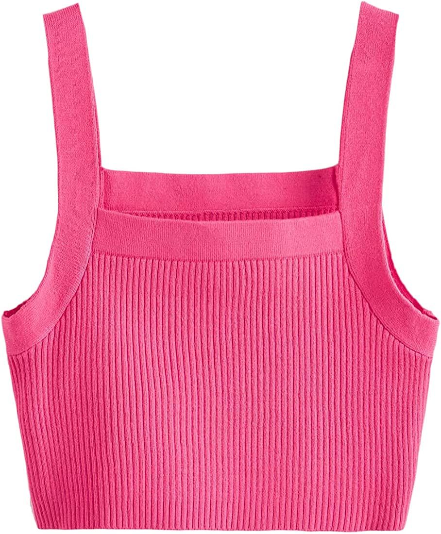 Floerns Women's Casual Solid Sleeveless Square Neck Rib Knit Crop Tank Top | Amazon (US)
