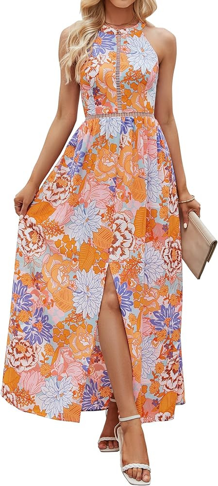 ZESICA Women's 2024 Summer Halter Neck Floral Print Backless Split Beach Party Maxi Dress | Amazon (US)