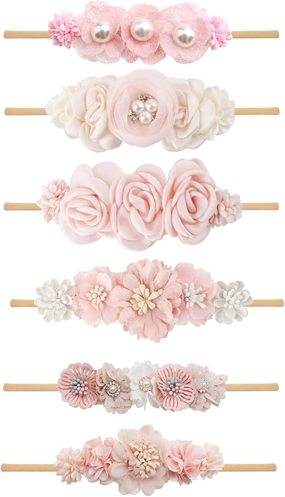 OOSAKU Baby Girl Flower Headbands Set Elastic Floral Headbands 6pcs Soft Nylon Hair Band for Newb... | Amazon (US)