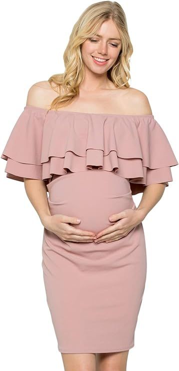 My Bump Double Layer Ruffle Maternity Dress-Fitted Off-Shoulder Baby Shower Pregnancy | Amazon (US)