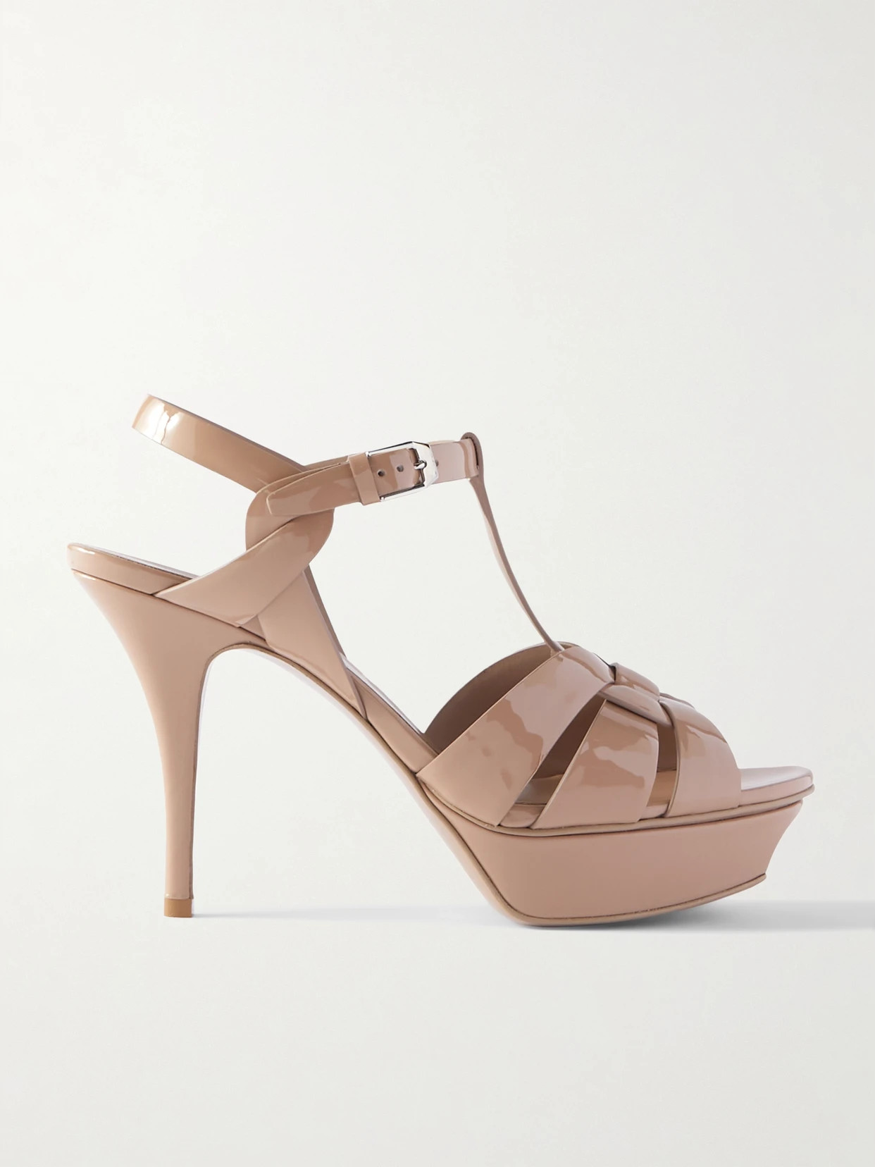 SAINT LAURENT - Tribute Woven Patent-leather Platform Sandals - Neutrals | NET-A-PORTER (US)