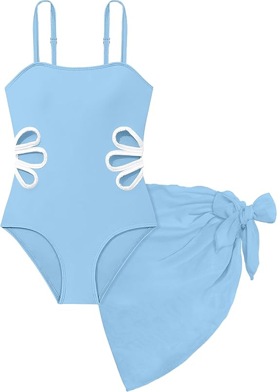 Girls Swimsuit Adjustable Straps Cut Out One Piece Bathing Suit with Solid Color Cover Up Skirt G... | Amazon (US)