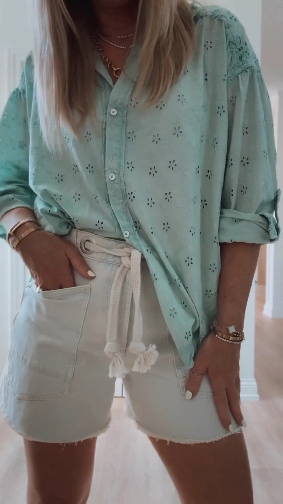 New fave shorts! They are 20% off now using code: SPRING20. 4 shades. I did my tts and top I did small! 

How cute for summer and the eyelet details are 😍🤤! 

Spring 2026. Barrel shorts. Tie waist denim. Shorts. Summer outfits. Vacation outfits.

#LTKSaleAlert #LTKSeasonal #LTKootd