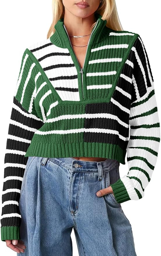 Saodimallsu Womens Striped Cropped Sweater Color Block Zip Up Long Sleeve Mock Neck Loose Pullove... | Amazon (US)