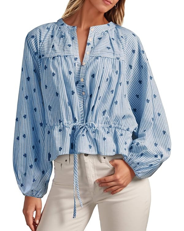 Tankaneo Womens Striped Cropped Button Down Shirts Puff Long Sleeve Peplum Tops Drawstring Waist ... | Amazon (US)