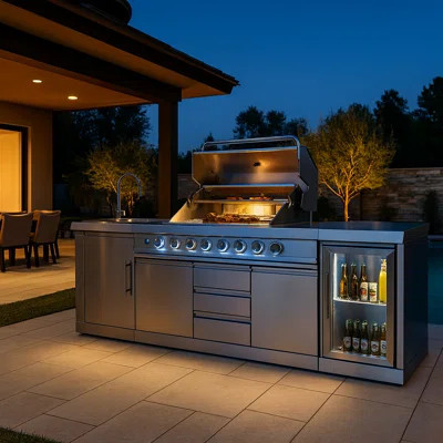 6-Burner Propane Gas Grill Island with Rotisserie and Outdoor Rated Refrigerator and Sink in Stainless Steel | Wayfair North America
