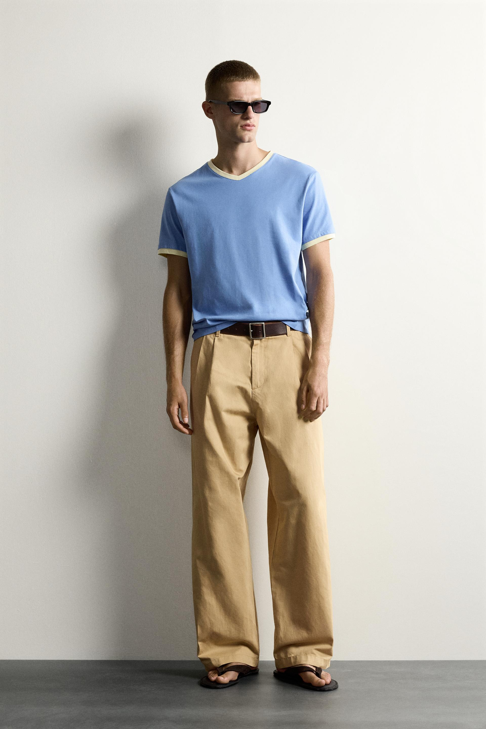 Zara - Contrast V-Neck Ribbed T-Shirt - Mid-Blue - S - Man | Zara US