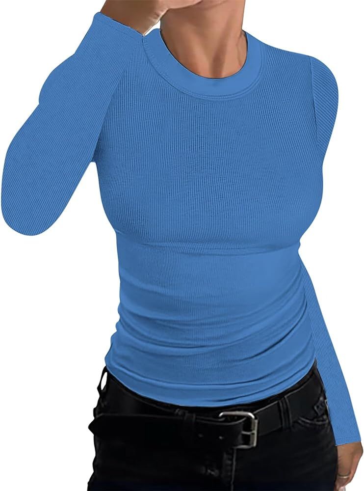 Women's Crewneck Long Sleeve Shirt Basic Ribbed Knit Slim Fitted Crop Top/Tunic Top | Amazon (US)