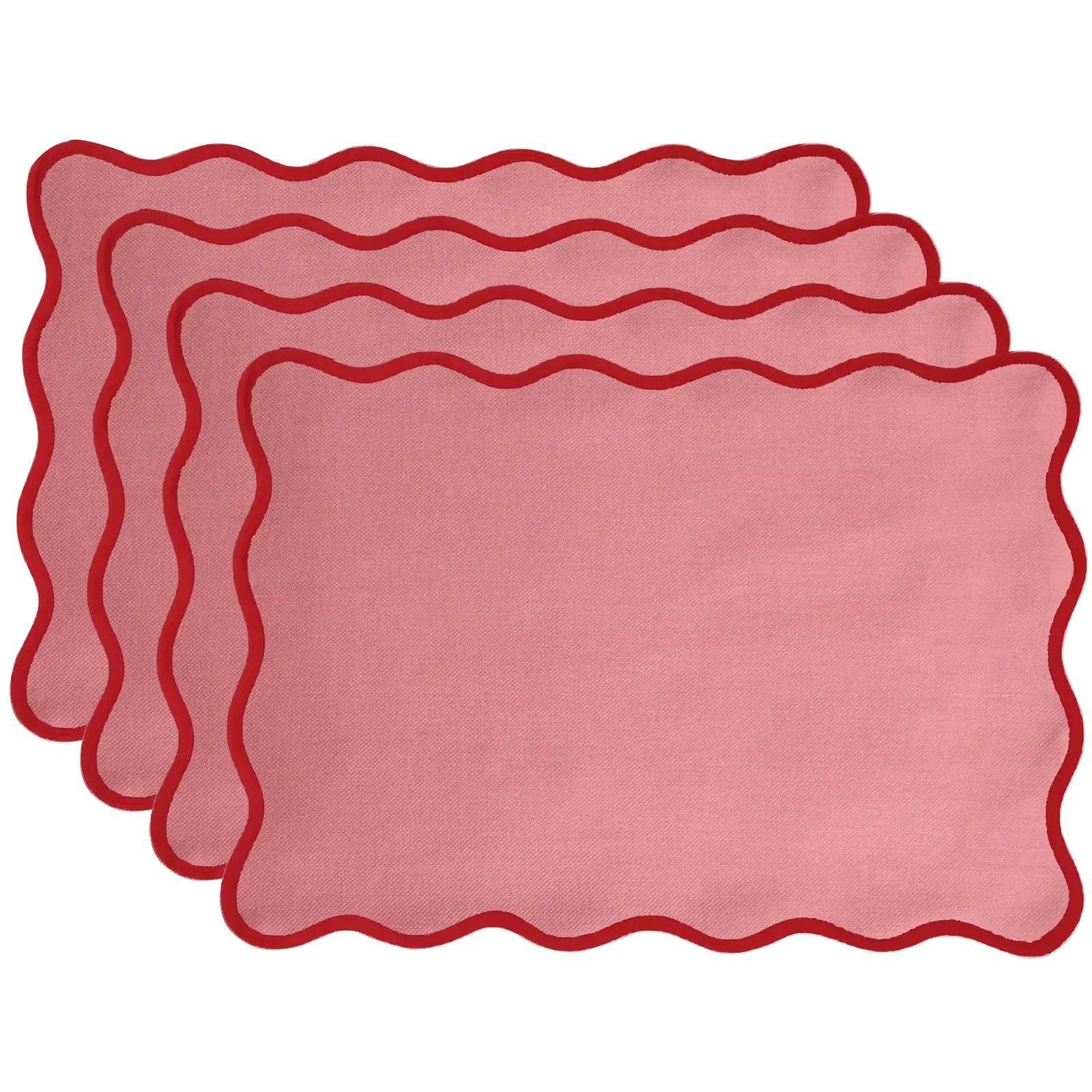 Pink with Red Trim Handmade Rectangular Scallop Placemats - Set of 4 | Chairish