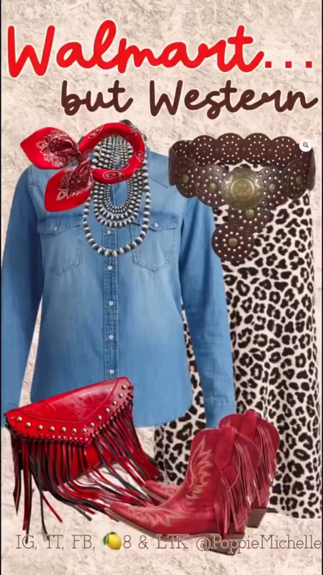 Rodeo Season is in full swing. You can’t ever go wrong with leopard print and a pop of red. Long sleeve denim shirt, red fringe cowboy booties, leopard print skirt and a leather concho belt. Absolutely timeless.