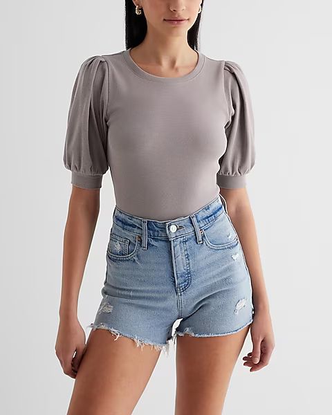 Fitted Ribbed Crew Neck Puff Sleeve Tee | Express