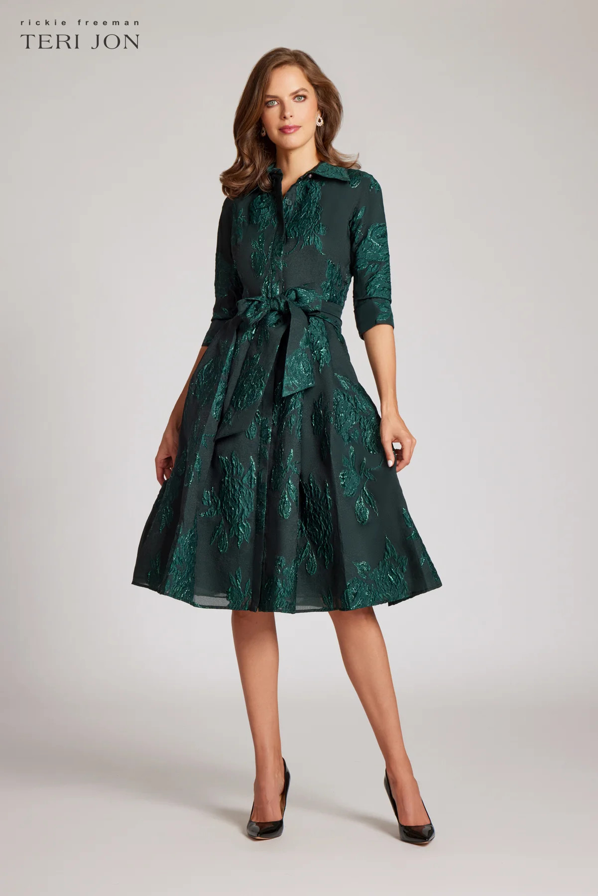 Metallic Jacquard Shirt Dress with Floral Print | TERIJON