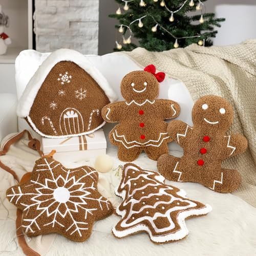Geelin 5 Pcs Gingerbread Christmas Decorations Christmas Throw Pillows Stuffed Plush Gingerbread Man House Xmas Tree Snowflake Lumbar Pillows Cushion for Winter Holiday Bed Sofa Couch Outdoor Party | Amazon (US)