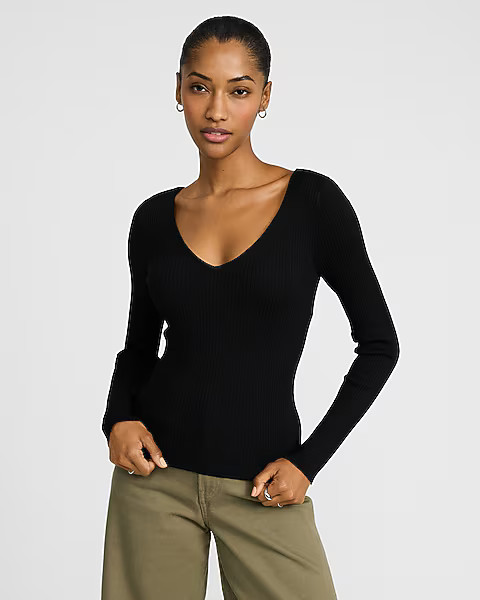 Silky Soft Fitted Ribbed Double V-Neck Sweater | Express