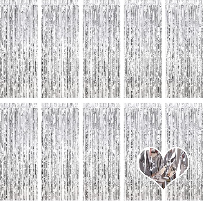 10 Pack Silver Backdrop Curtain 3.2ft x 8.2ft Metallic Tinsel Foil Fringe Curtains Photo Booth Ba... | Amazon (US)