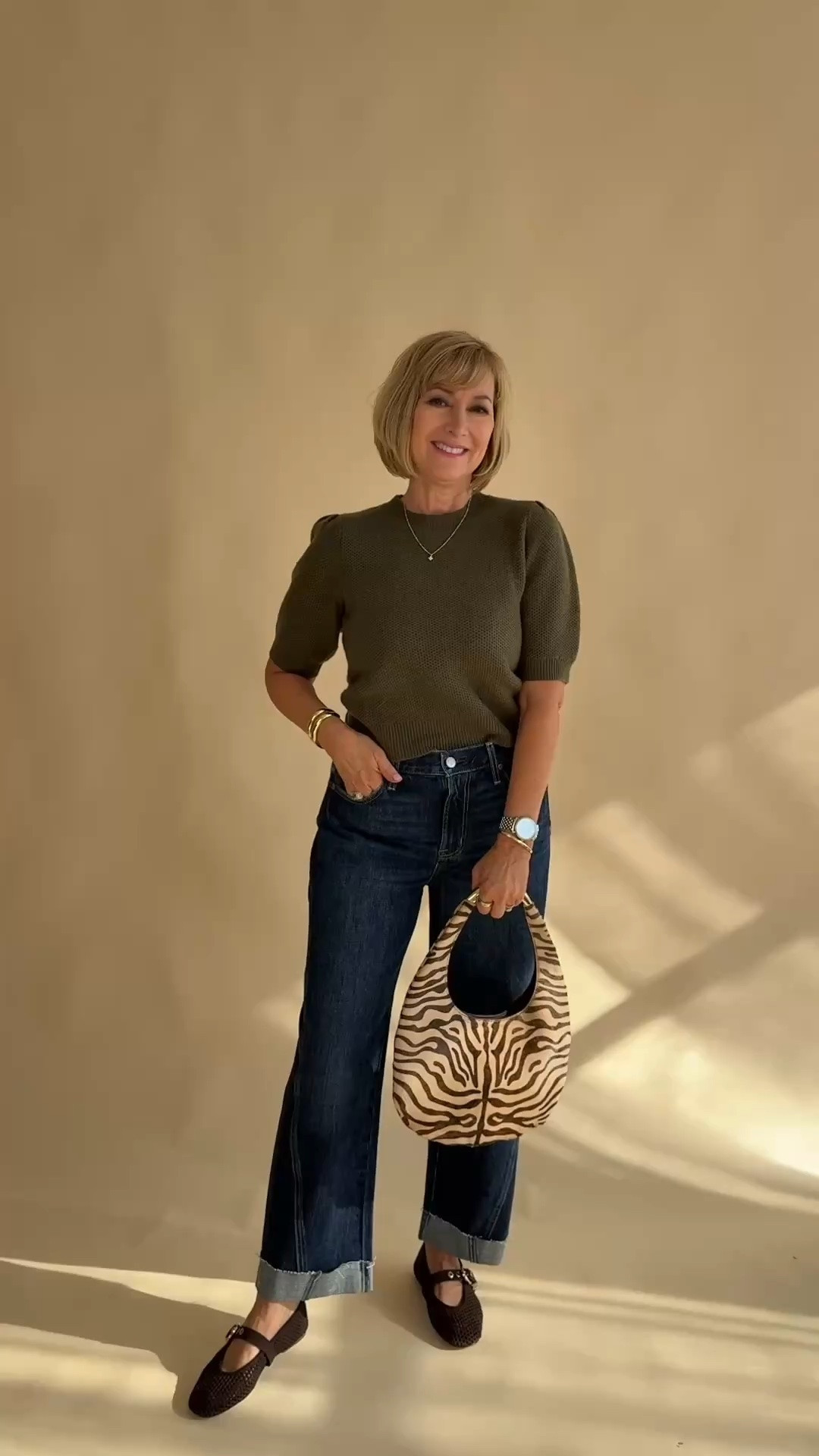 NSale denim, shoes, zebra print bag,
Gold cuff and green short sleeve sweater.

#LTKSaleAlert #LTKOver40 #LTKPetite