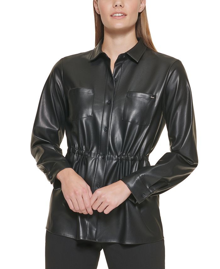 Calvin Klein Faux Leather Cinched Waist Shirt & Reviews - Tops - Women - Macy's | Macys (US)