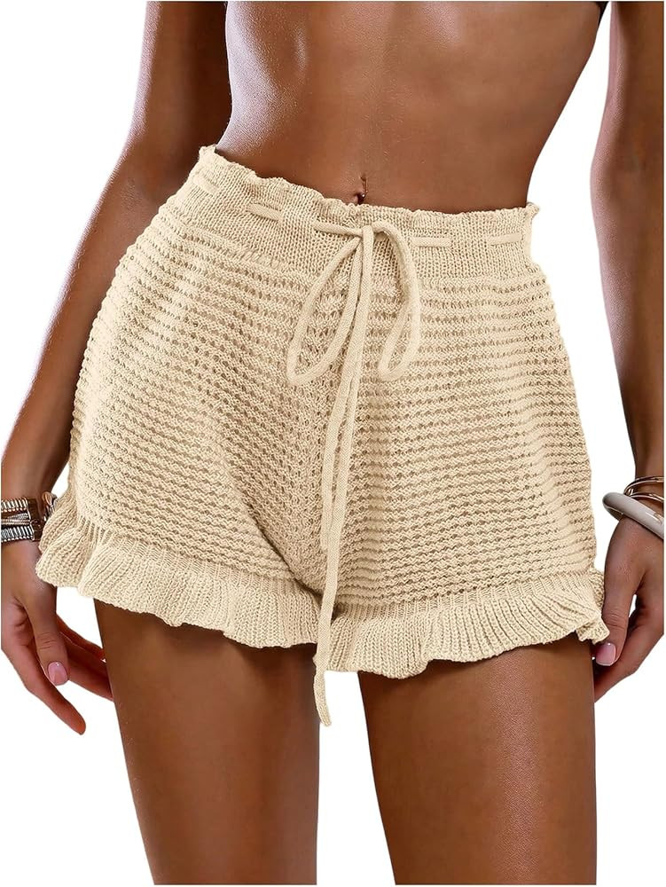 MakeMeChic Women's Beach Vacation Crochet Cover Up Shorts Drawstring Ruffle Swimsuit Coverups | Amazon (US)