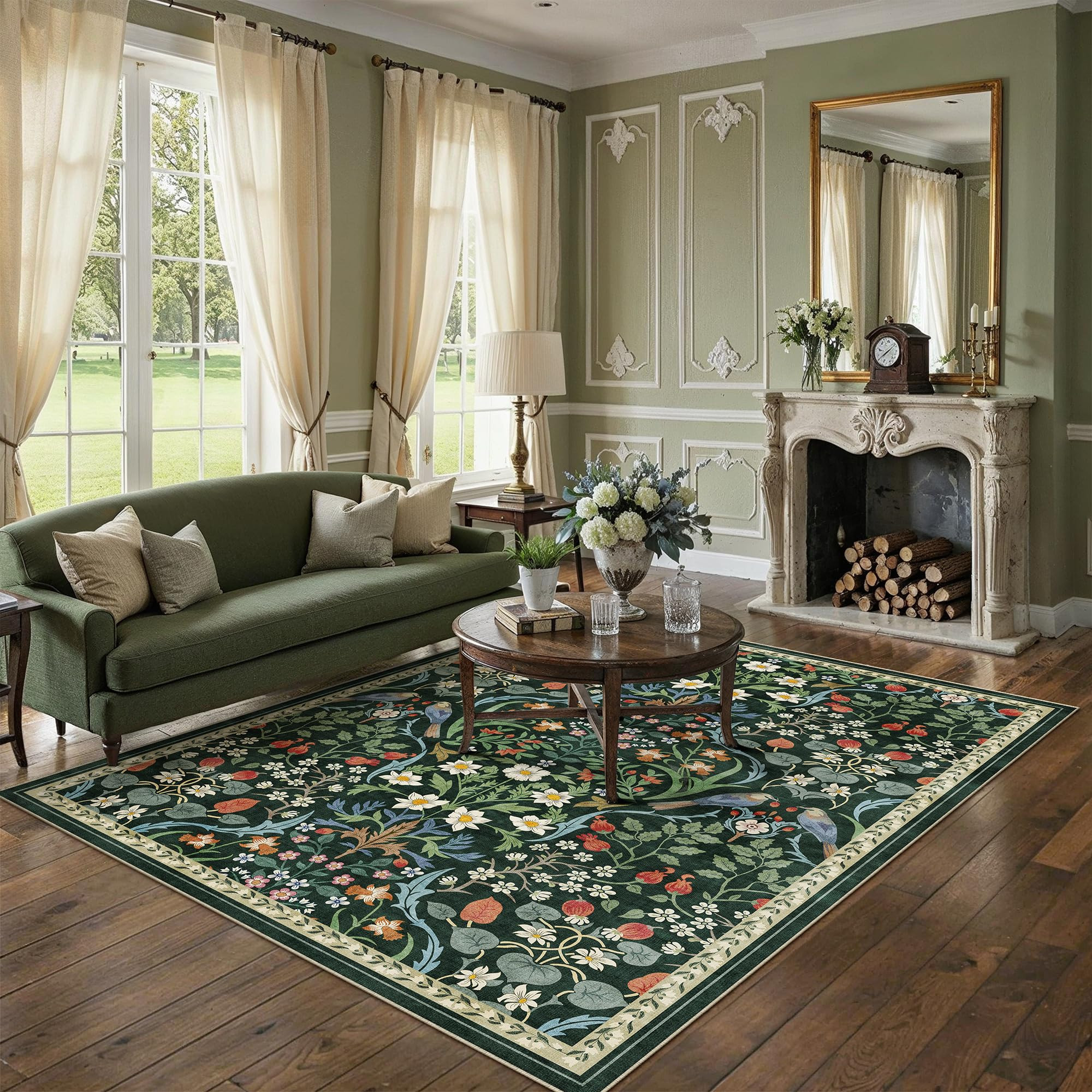 8x10 Washable Area Rug for Living Room Green Floral Vintage Non Slip Low Pile Thin Rug Soft Lightweight Stain Resistance Carpet Bedroom Nursery Dining Room Office Classroom Playroom Home Decor | Amazon (US)