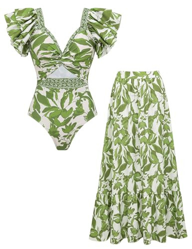 FLAXMAKER Women's Ruffled Shoulders and a Cutout Design at the Waist One-piece Swimsuit and Skirt (US, Alpha, Medium, Regular, Regular, Green Swimsuit and Skirt) | Amazon (US)