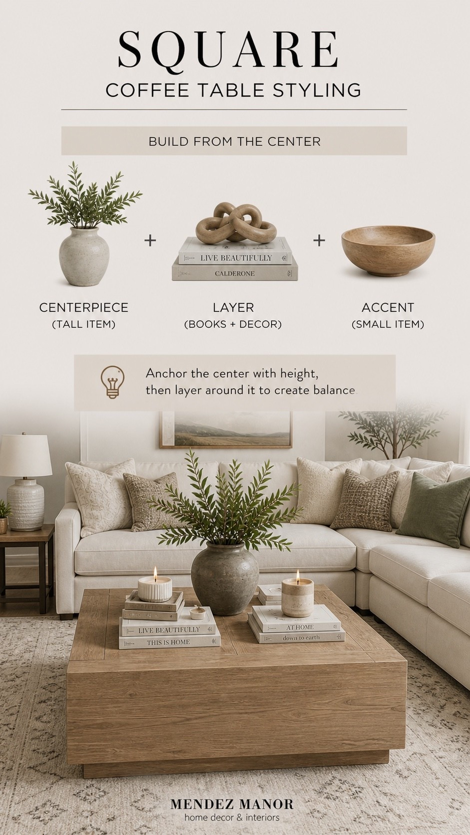 Square coffee table styling tips plus my favorite coffee table decor pieces. 

🏡 Through my flat-rate virtual design packages, I create complete room plans - including layout, furniture selections, finishes and shoppable links - so you can confidently bring your space to life. Visit mendezmanor.com to explore design packages. 👍🏻

#LTKHome #LTKOver40 #LTKSaleAlert