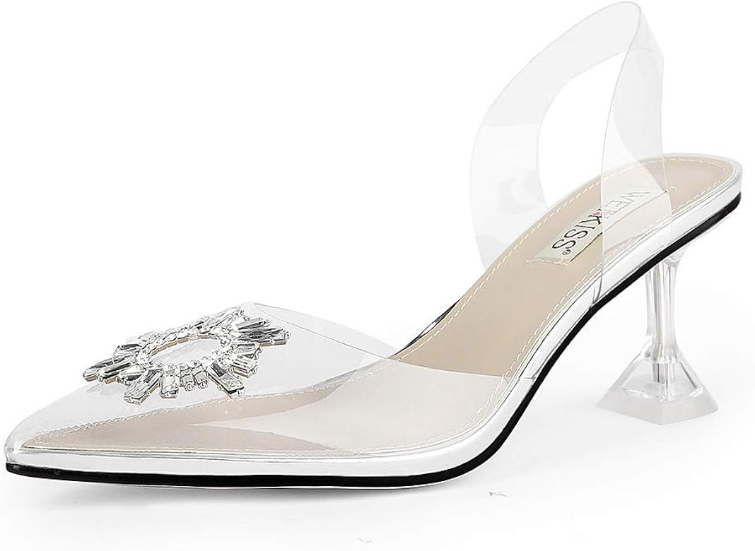 wetkiss Women's Clear Heels Shoes, Transparent PVC Crystal Rhinestones Slingback Wedding Pointed Toe | Amazon (US)
