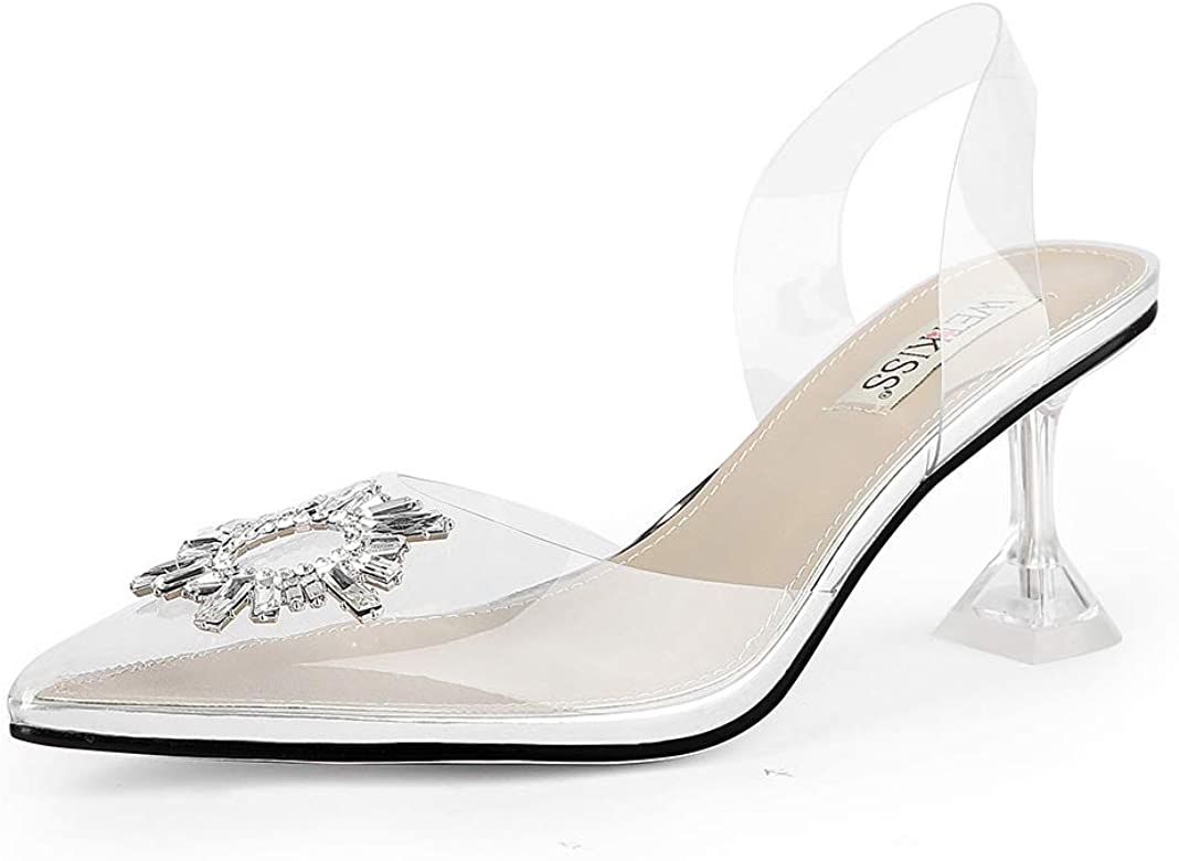 wetkiss Women's Clear Heels Shoes, Transparent PVC Crystal Rhinestones Slingback Wedding Pointed ... | Amazon (US)