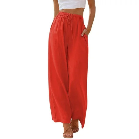 TEMOFON Pants for Women Wide Leg Linen Pant Palazzo Summer Casual Flowy Pants with Pocket Orange Drawstring Loose Comfy Soft Pants L | Walmart (US)