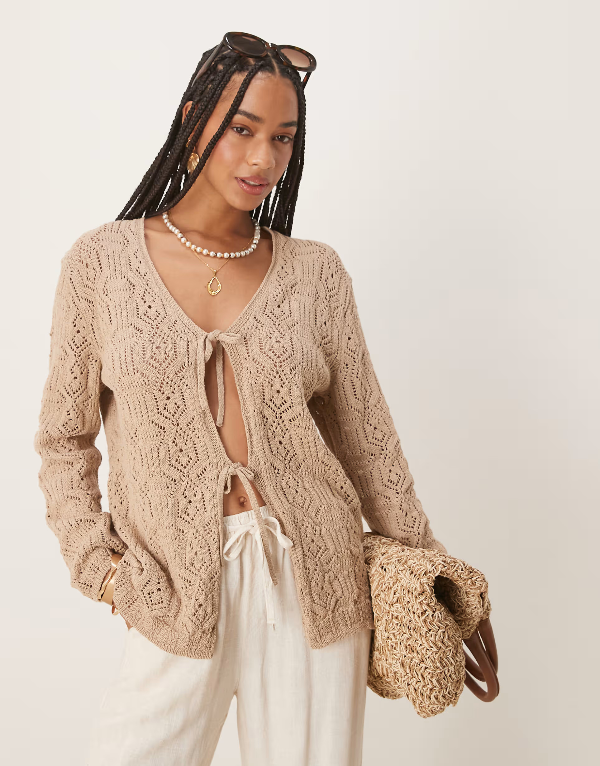 ASOS DESIGN v neck tie front cardigan in crochet stitch in beige | ASOS | ASOS (Global)