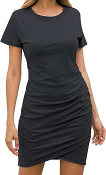 BTFBM Women's 2021 Casual Crew Neck Short Sleeve Ruched Stretchy Bodycon T Shirt Short Mini Dress | Amazon (US)