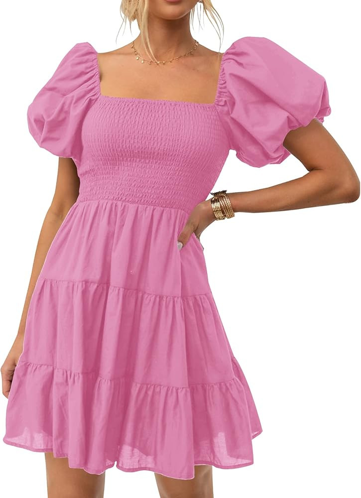 ZESICA Women's Boho 2025 Summer Square Neck Puff Sleeve Off Shoulder Smocked Tiered Casual A Line... | Amazon (US)