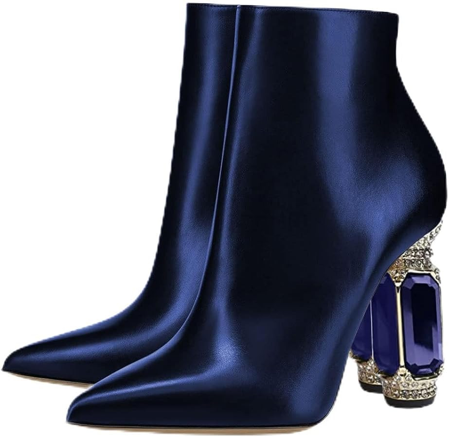 FSJ Women Chic Pointed Toe Crystal Chunky Block High Heel Ankle Boots Glossy Side Zipper Casual D... | Amazon (US)