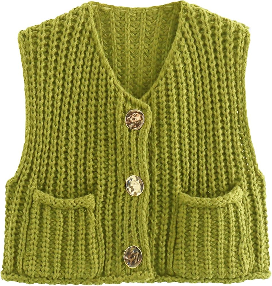 Flygo Womens Sleeveless Sweater Vest 2025 Spring Summer Crop Knit Top Chunky Crochet Button Cardi... | Amazon (US)
