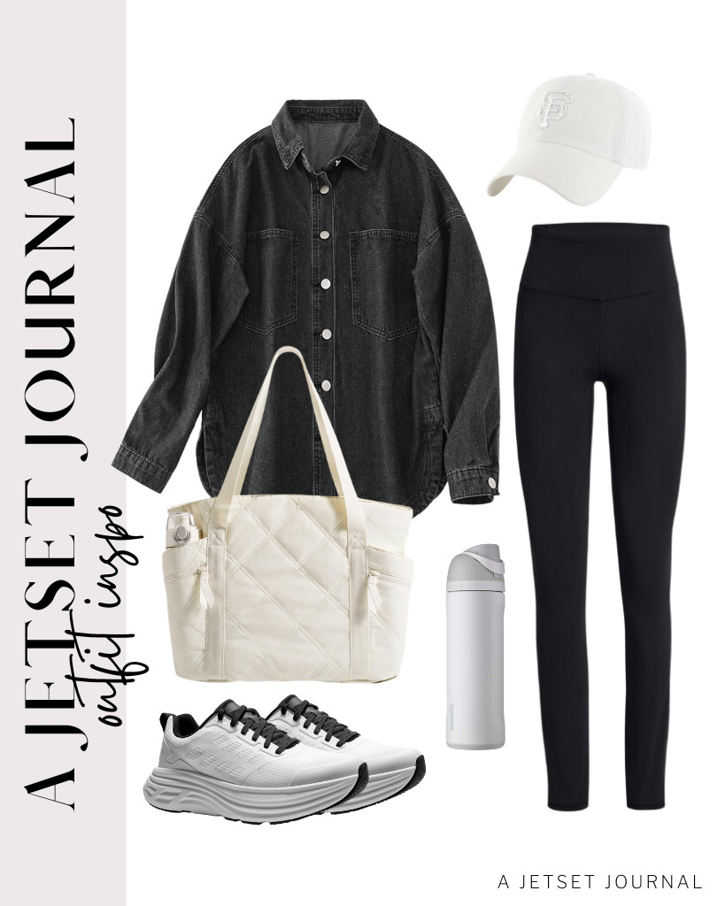 If you're opting for a black-and-white outfit, consider pairing a black denim shirt from LifeShe with comfortable leggings. Complete the look with a BAGSMART Crush tote bag and a stylish white cap. To tie it all together, add a pair of NORTIV 8 walking shoes. 

 #LTKSeasonal #LTKSaleAlert #LTKTravel