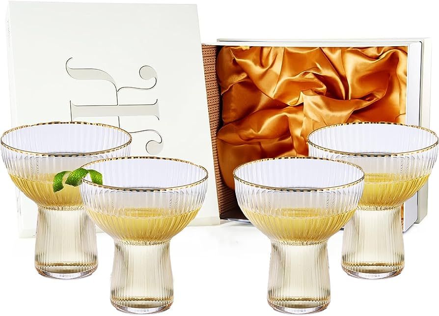 Ribbed Stemless Margarita, Martini & Champagne Glasses with Gold Rim - Set of 4 - Hand Blown Cock... | Amazon (US)