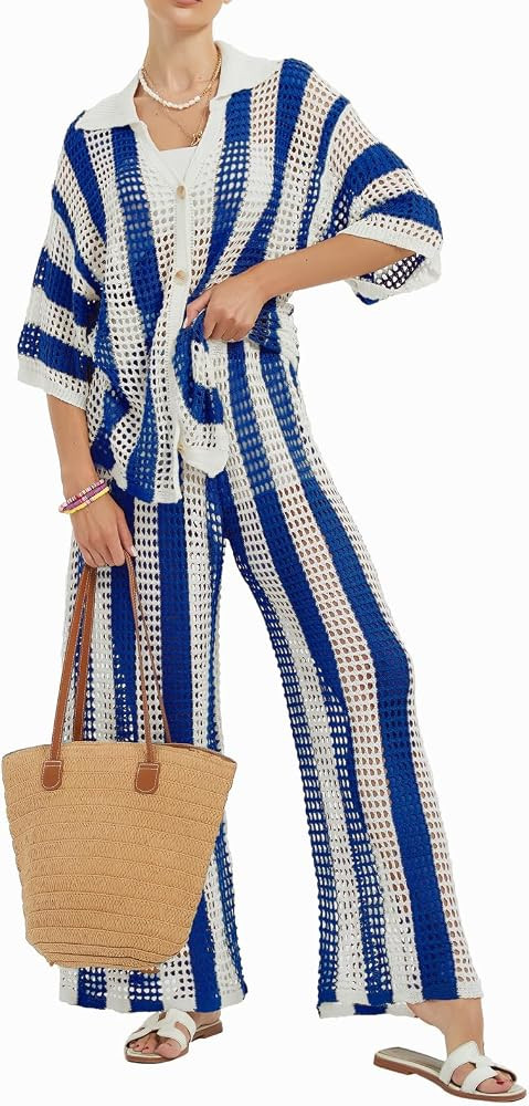 Women Cover Up Sets Button Up Tops with Pants Crochet Set Outfit 2 Piece Outfits Vacation Outfits | Amazon (US)