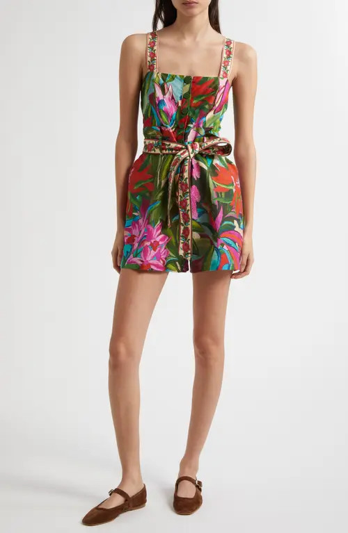 FARM Rio Jardin De Reve Linen Blend Romper in Jardin De Reve Multi at Nordstrom, Size X-Large | Nordstrom
