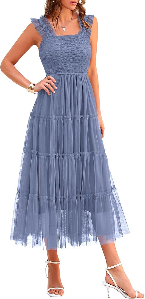 PRETTYGARDEN Women's Summer Tulle Midi Dress Sleeveless Smocked Ruffle Mesh Flowy Dresses Party W... | Amazon (US)