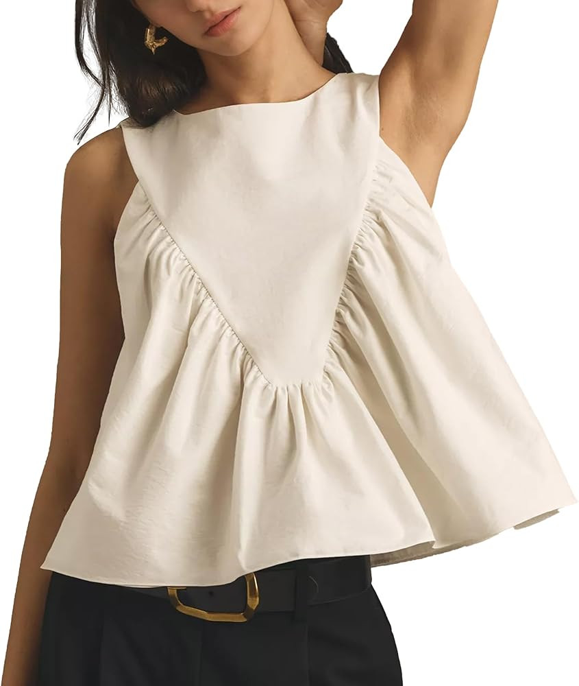 Hixiaohe Shirred Swing Tank Tops for Women Fashion Flowy Sleeveless Shirts Casual Crew Neck Blous... | Amazon (US)