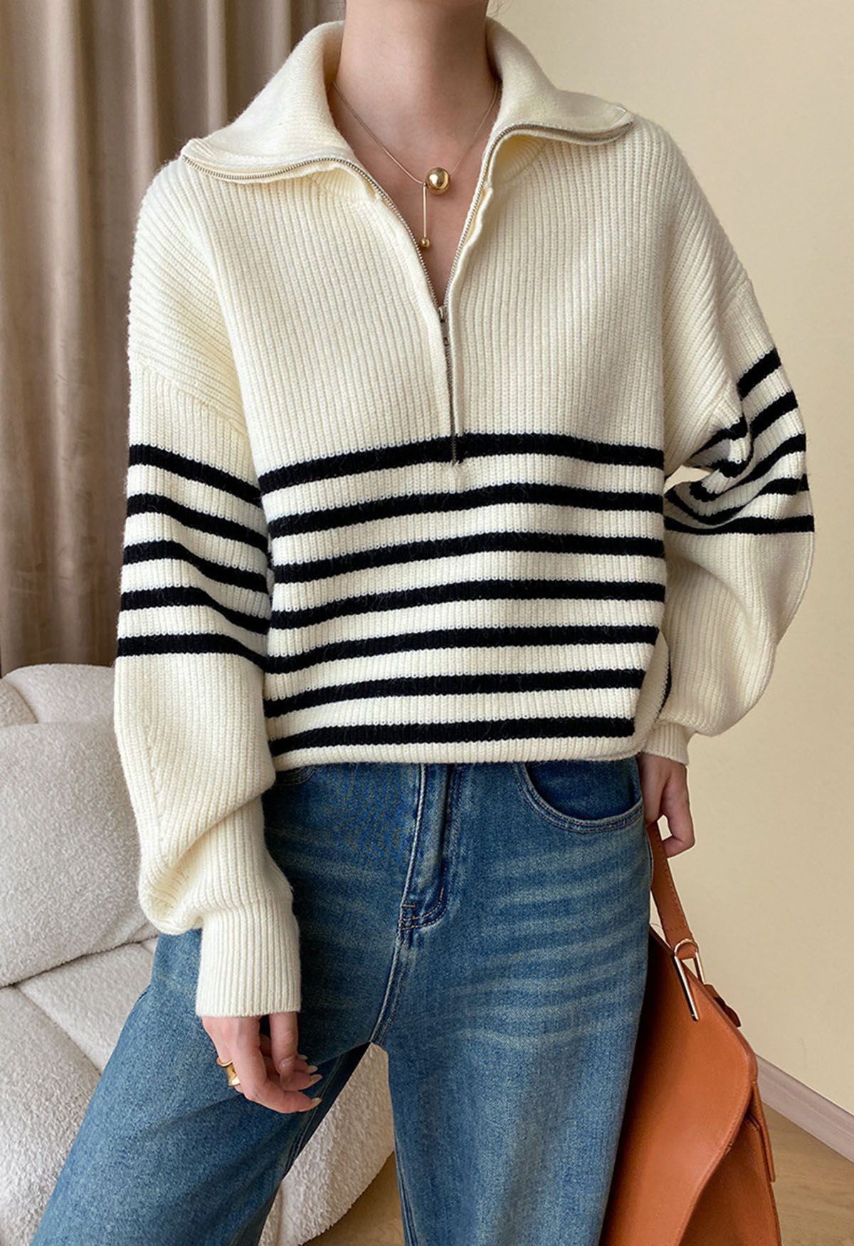 Flap Collar Zipper Neck Striped Knit Sweater in Ivory | Chicwish