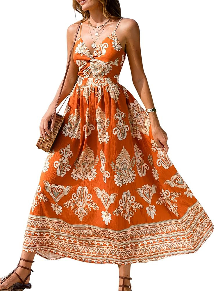 CUPSHE Women's Maxi Dress Floral Print Twisted V Neck Sleeveless Long Dress Summer Casual Dress | Amazon (US)