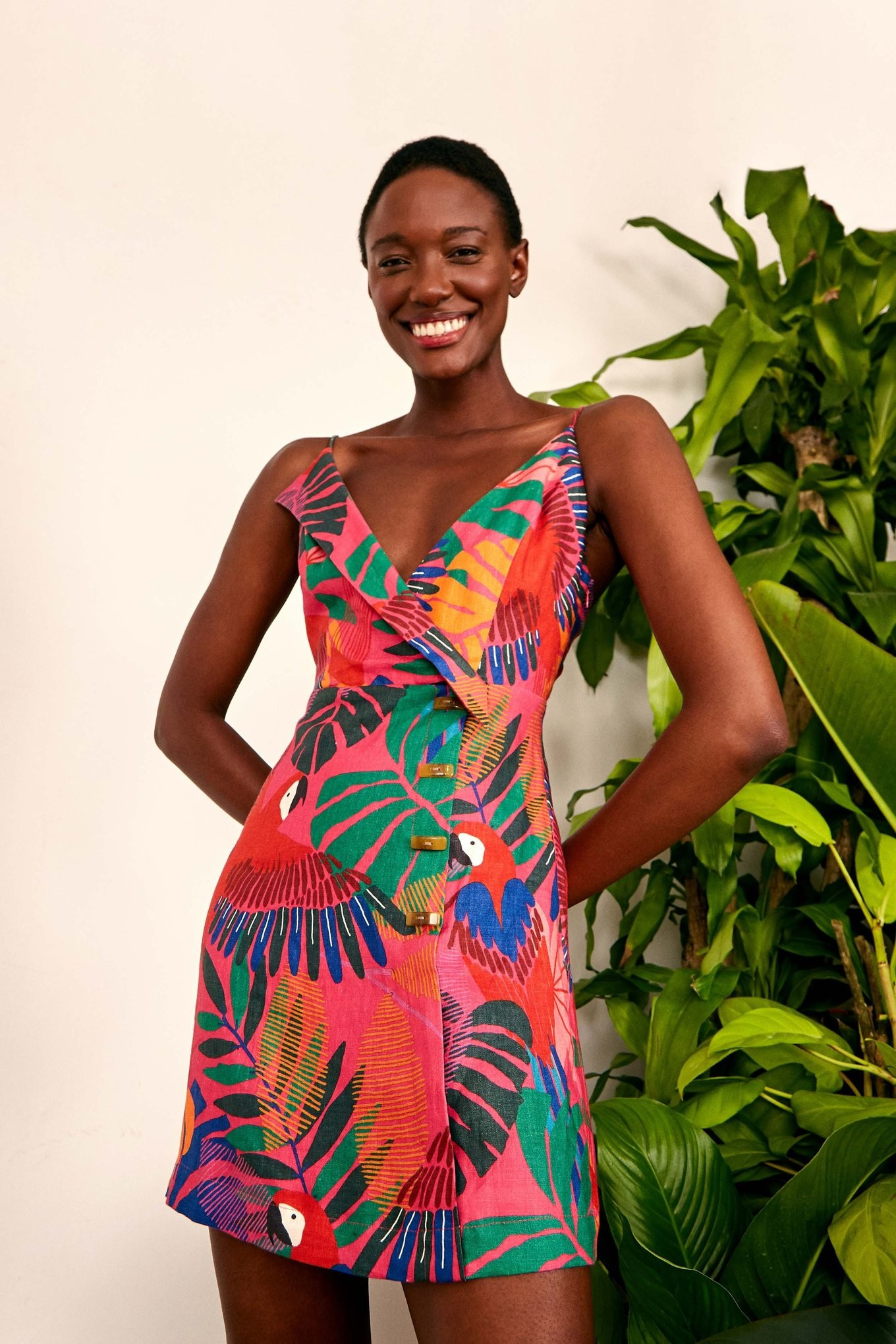 MACAW SIDE BUTTONS MINI DRESS | FarmRio (US)