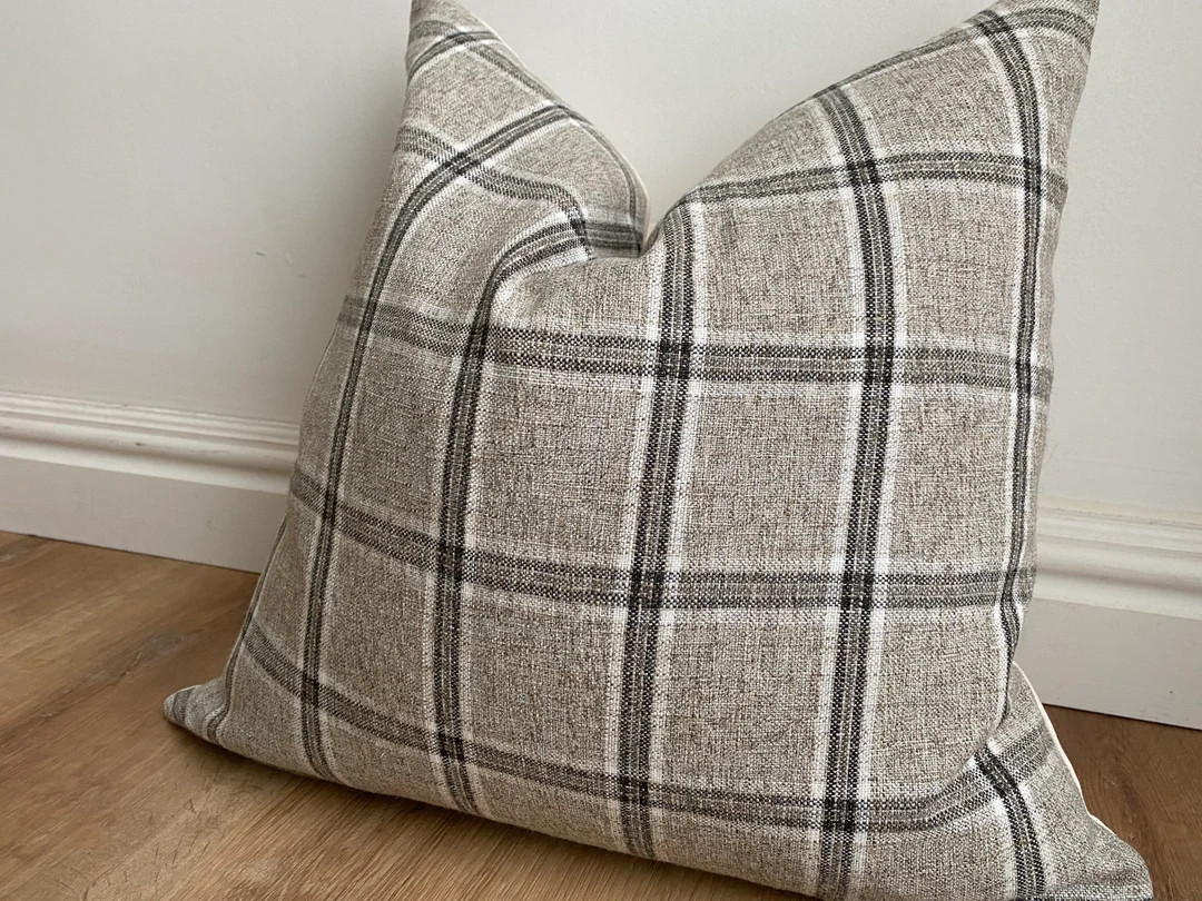 Designer Nantucket Check Plaid Pillow Cover Black Gray Cream - Etsy | Etsy (US)