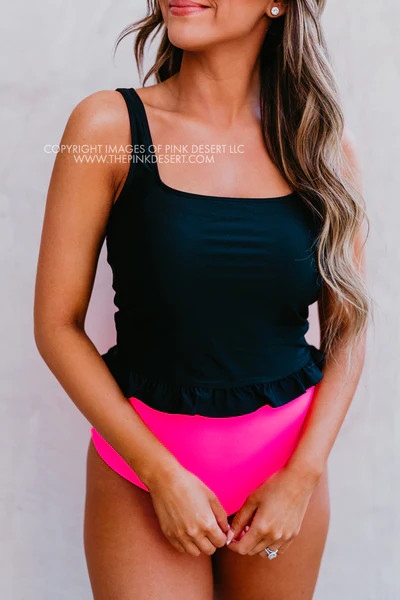 PINK DESERT MINI RUFFLE CROP PEPLUM SWIM TOP IN BLACK | Pink Desert