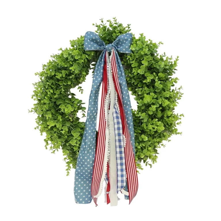 Boxwood Wreath with Bow, Red/White/Blue, 4th of July Independence Day Farmhouse Wall Porch Decor | Walmart (US)