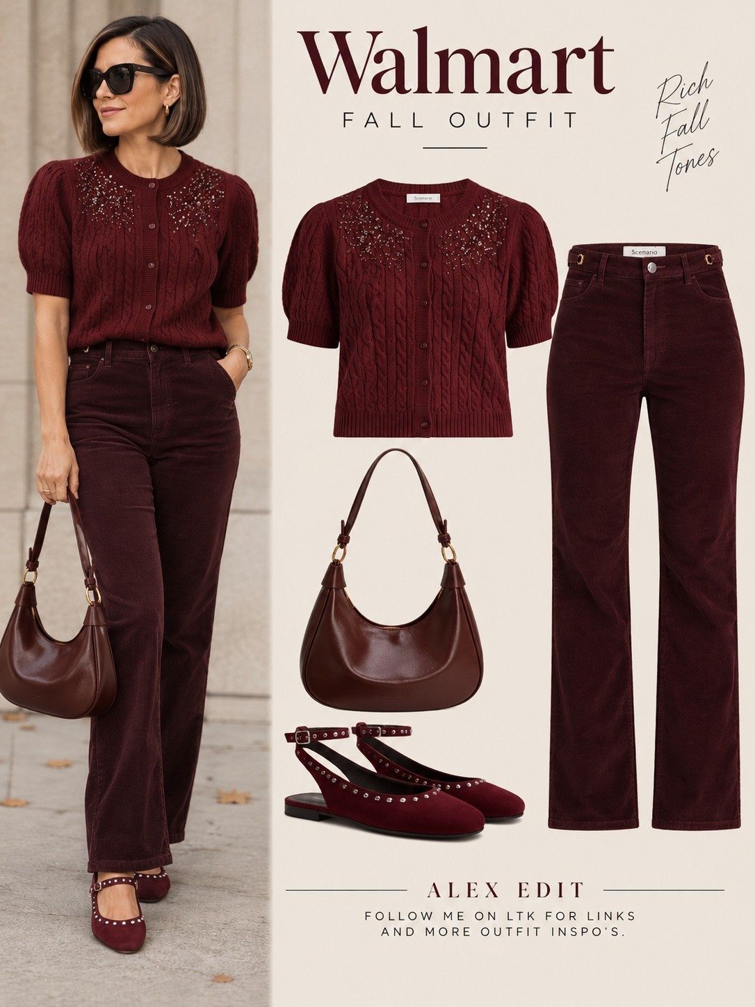 One color, so much texture!This head-to-toe burgundy look from Walmart is all about the details. The delicate embellishments on the cable-knit sweater add just the right amount of sparkle, while the rich texture of the corduroy pants gives the outfit depth and dimension. Finished with studded flats and a sleek shoulder bag, it’s a monochromatic look that feels polished without trying too hard.