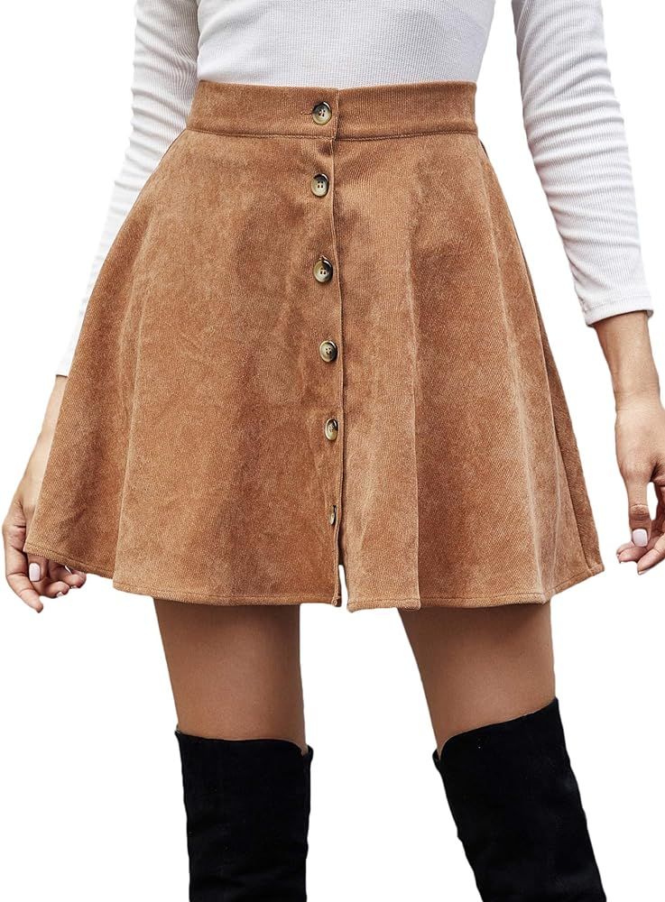 SheIn Women's Button Up Flare A-Line Corduroy Skater Cord Short Skirt | Amazon (CA)