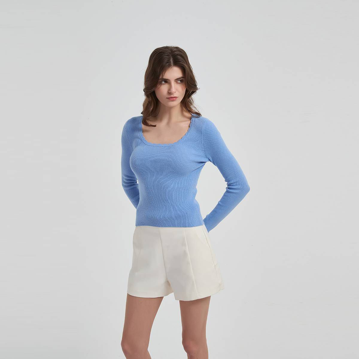 Women's Long Sleeve Scallop Trim Square Neck Top - A New Day™ Blue M | Target